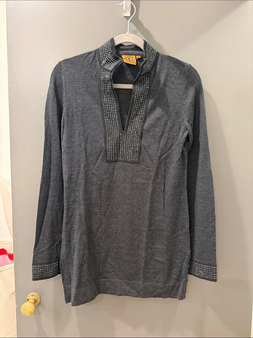 EUC Tory Burch 100% Merino Wool Tunic Sweater Gray Blue Sz Small